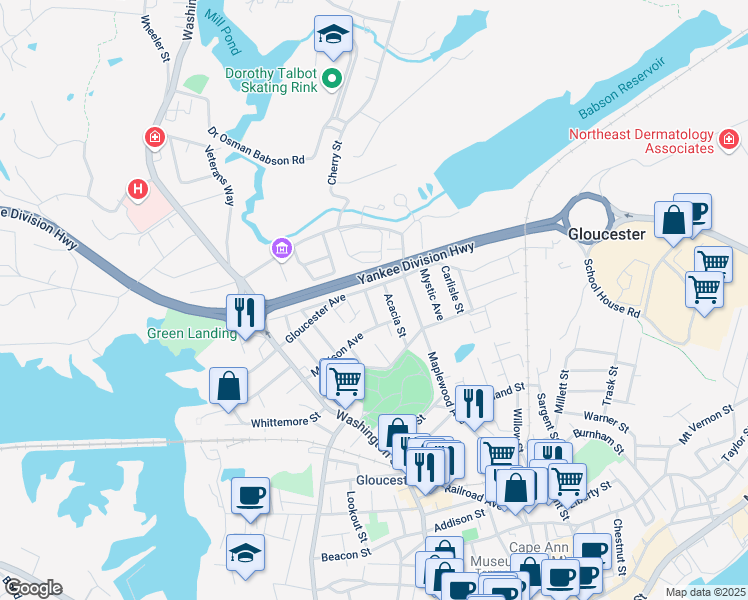 map of restaurants, bars, coffee shops, grocery stores, and more near 4 Springfield Street in Gloucester