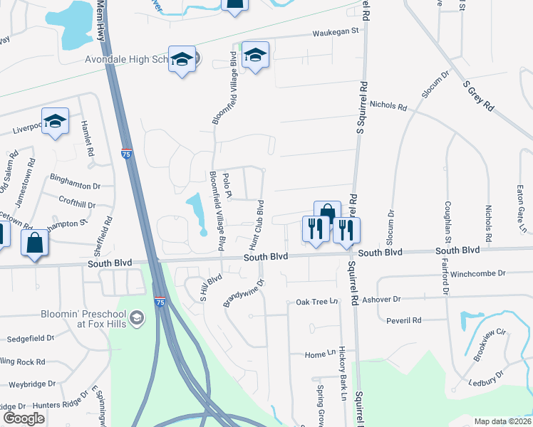 map of restaurants, bars, coffee shops, grocery stores, and more near 921 Hunt Club Blvd in Auburn Hills