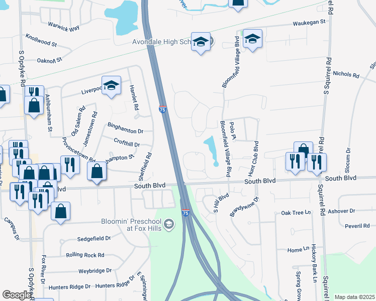 map of restaurants, bars, coffee shops, grocery stores, and more near 2677 Williamsburg Circle in Auburn Hills