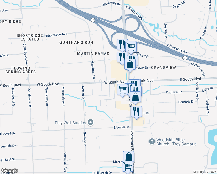 map of restaurants, bars, coffee shops, grocery stores, and more near 6960 Norway Drive in Troy