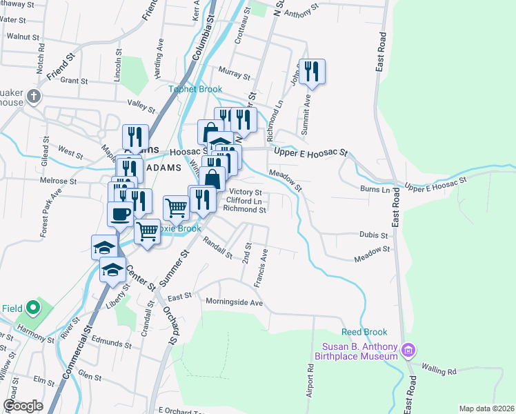 map of restaurants, bars, coffee shops, grocery stores, and more near 34 Richmond Street in Adams