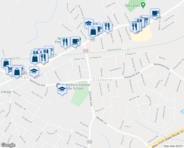 map of restaurants, bars, coffee shops, grocery stores, and more near 40 Elsmere Avenue in Delmar