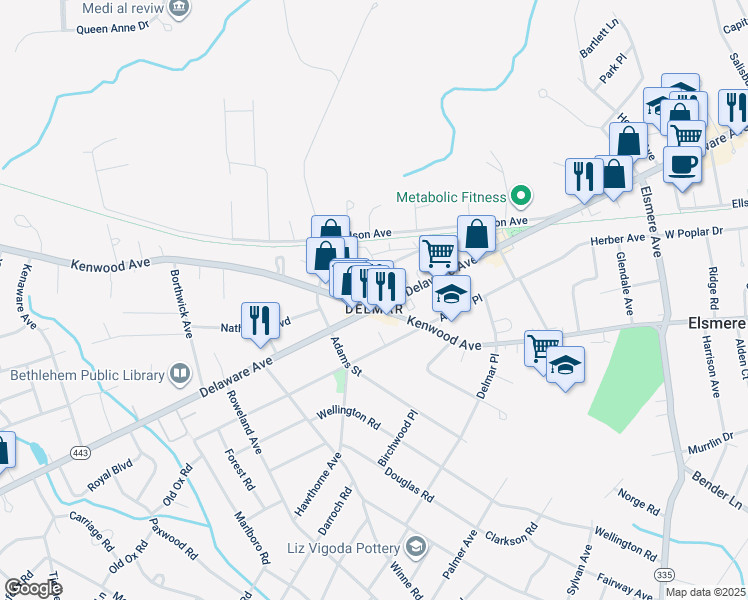 map of restaurants, bars, coffee shops, grocery stores, and more near 371 Delaware Avenue in Delmar
