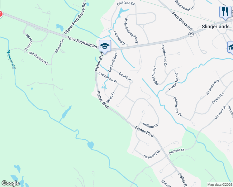 map of restaurants, bars, coffee shops, grocery stores, and more near 14 Swan Place in Slingerlands