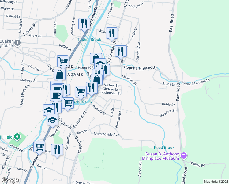 map of restaurants, bars, coffee shops, grocery stores, and more near 34 Richmond Street in Adams