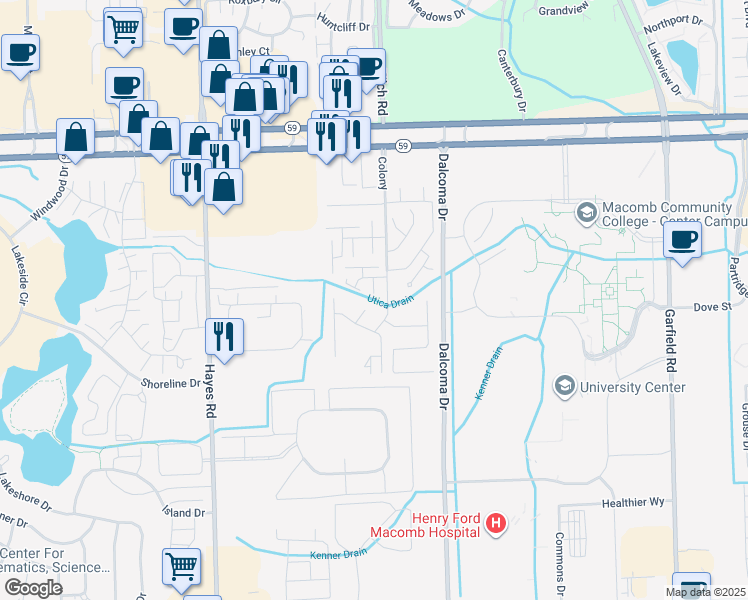 map of restaurants, bars, coffee shops, grocery stores, and more near 15852 North Franklin Drive in Clinton Township