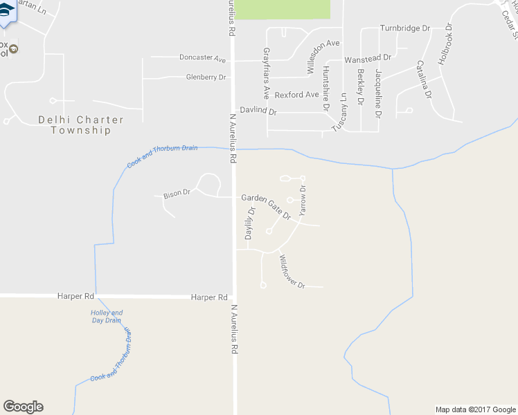 map of restaurants, bars, coffee shops, grocery stores, and more near 1374 Daylilly Drive in Delhi charter Township