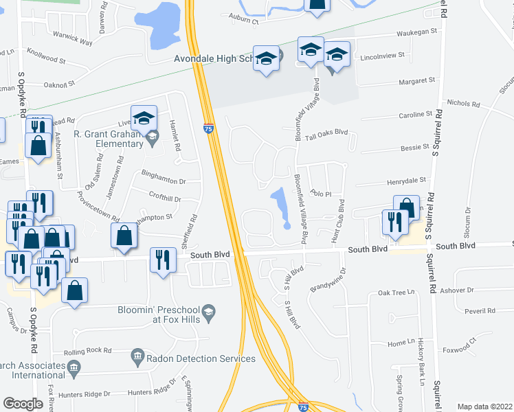 map of restaurants, bars, coffee shops, grocery stores, and more near 2671 Williamsburg Circle in Auburn Hills