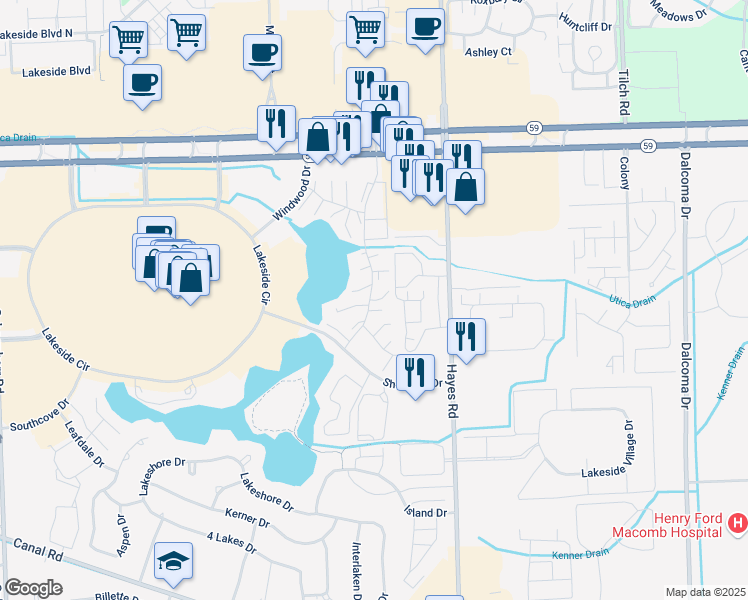 map of restaurants, bars, coffee shops, grocery stores, and more near 44525 Pine Drive in Sterling Heights