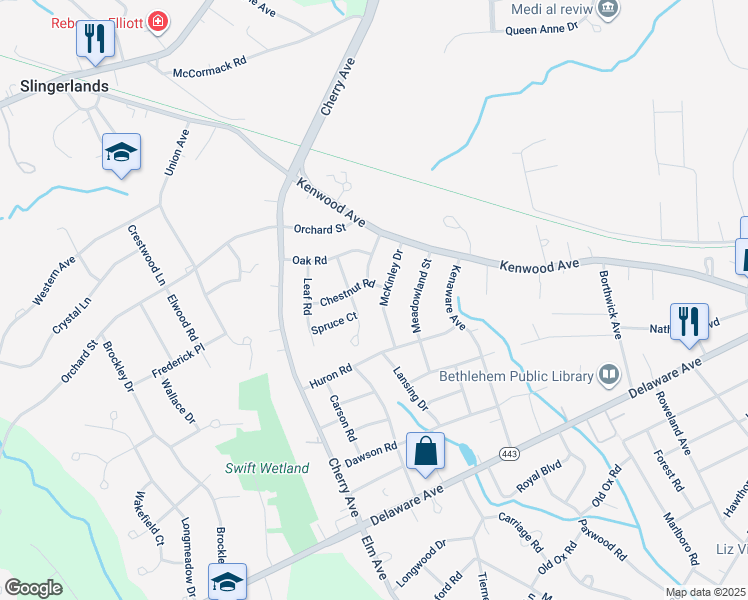 map of restaurants, bars, coffee shops, grocery stores, and more near 22 McKinley Drive in Delmar