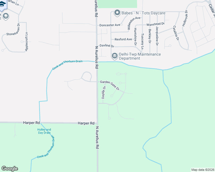 map of restaurants, bars, coffee shops, grocery stores, and more near 1374 Daylilly Drive in Delhi charter Township