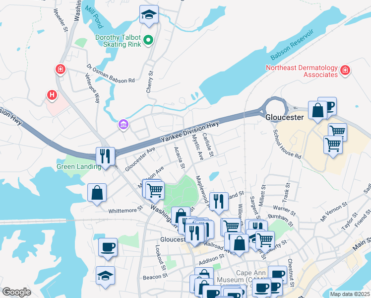 map of restaurants, bars, coffee shops, grocery stores, and more near 126 Maplewood Avenue in Gloucester