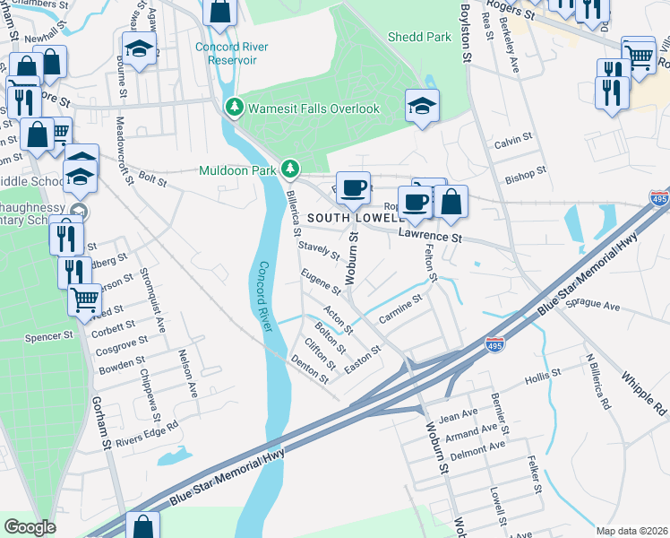 map of restaurants, bars, coffee shops, grocery stores, and more near 20 Eugene Street in Lowell