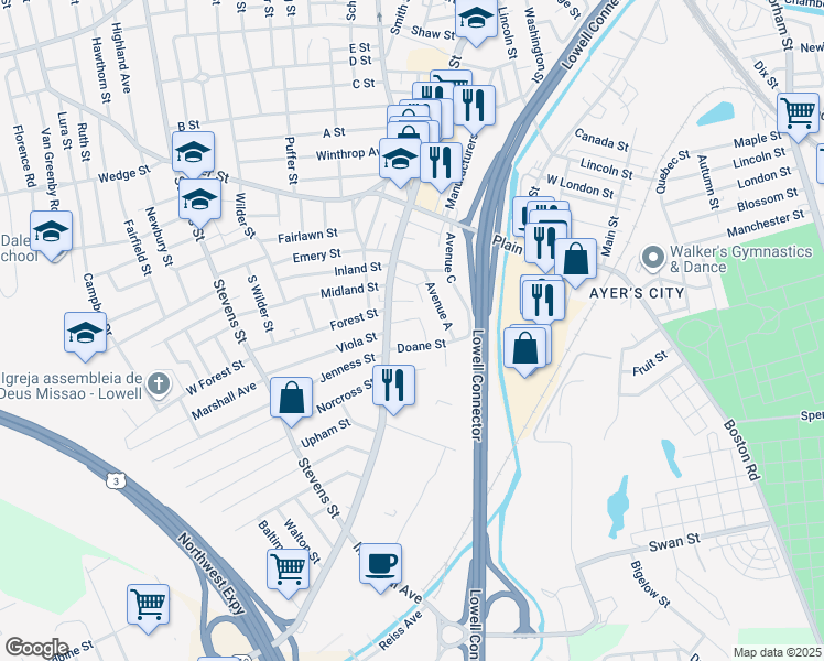 map of restaurants, bars, coffee shops, grocery stores, and more near 642 Chelmsford Street in Lowell