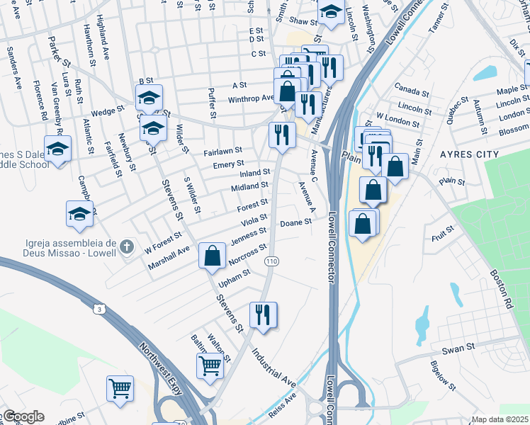 map of restaurants, bars, coffee shops, grocery stores, and more near 21 Viola Street in Lowell