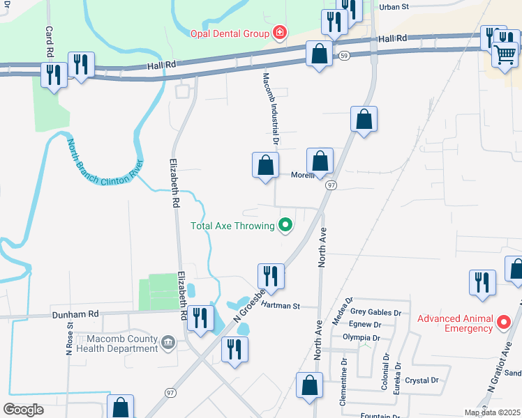 map of restaurants, bars, coffee shops, grocery stores, and more near 22760 Macomb Industrial Drive in Clinton Township