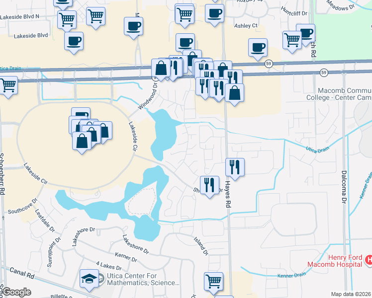 map of restaurants, bars, coffee shops, grocery stores, and more near 44413 Pine Drive in Sterling Heights