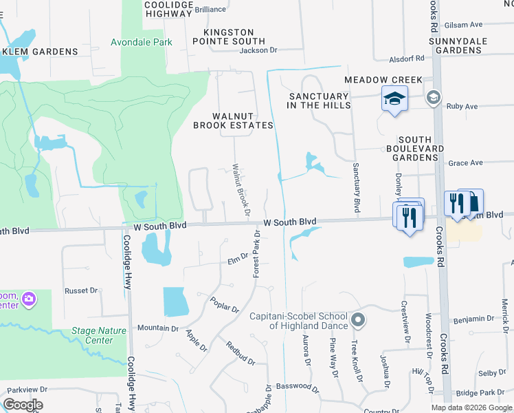 map of restaurants, bars, coffee shops, grocery stores, and more near 2530 West South Boulevard in Rochester Hills