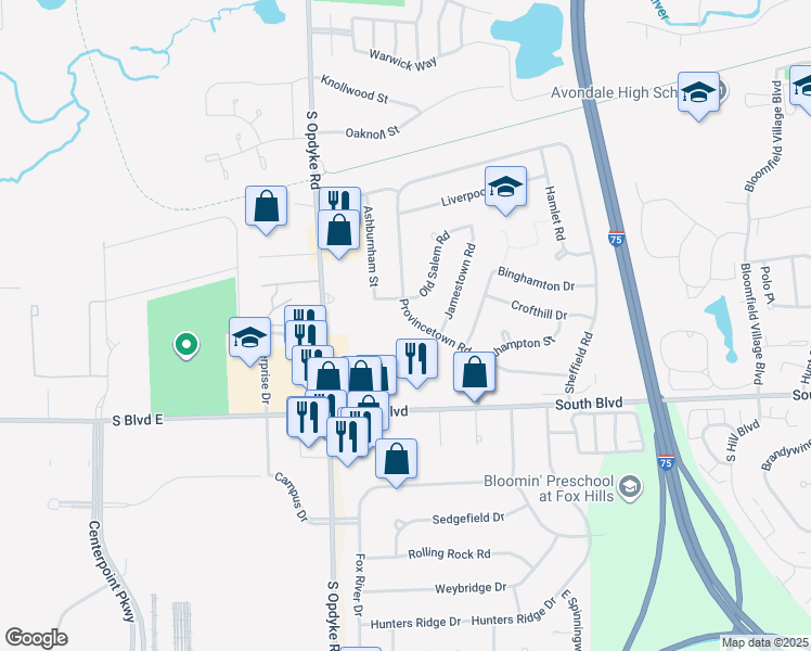 map of restaurants, bars, coffee shops, grocery stores, and more near 720 Provincetown Road in Auburn Hills