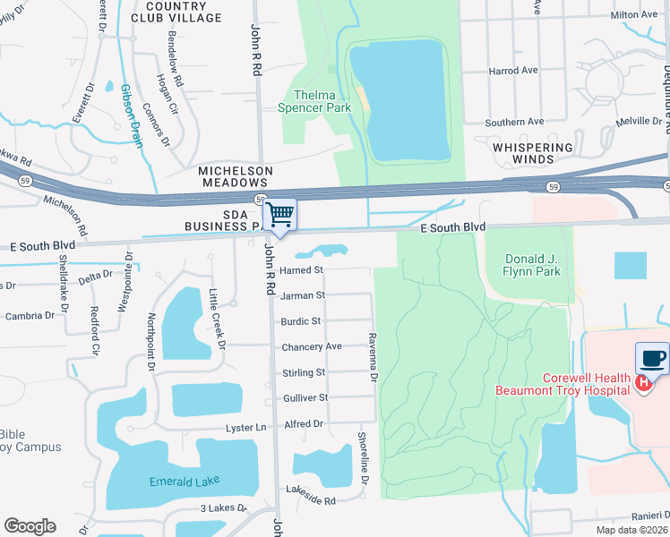 map of restaurants, bars, coffee shops, grocery stores, and more near 2173 Harned Street in Troy