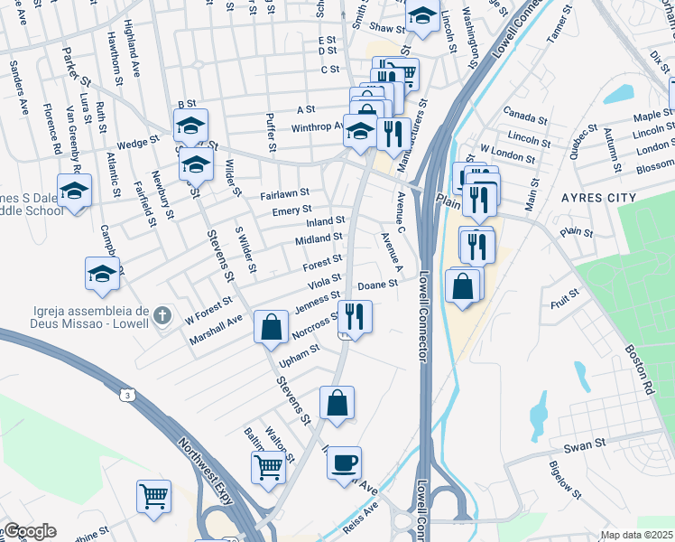 map of restaurants, bars, coffee shops, grocery stores, and more near 21 Viola Street in Lowell