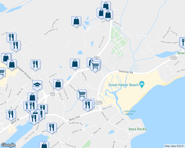map of restaurants, bars, coffee shops, grocery stores, and more near 127 Eastern Avenue in Gloucester