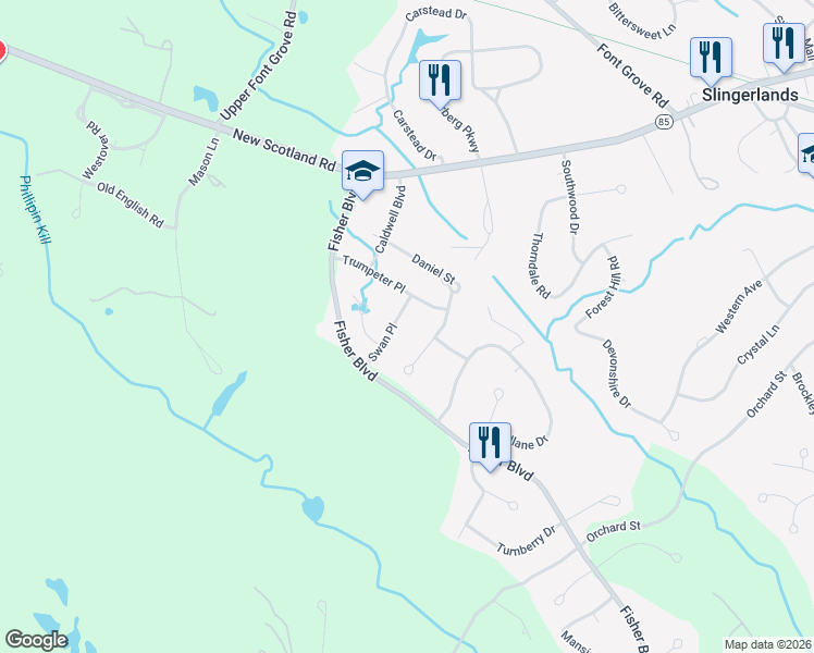 map of restaurants, bars, coffee shops, grocery stores, and more near 14 Swan Place in Slingerlands