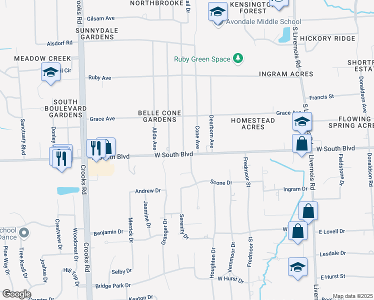 map of restaurants, bars, coffee shops, grocery stores, and more near 1570 West South Boulevard in Rochester Hills