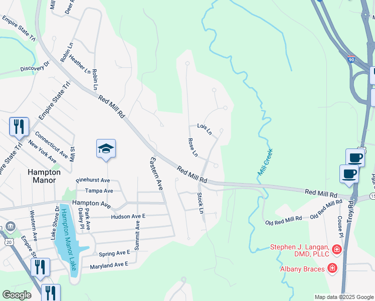 map of restaurants, bars, coffee shops, grocery stores, and more near 10 Rose Lane in Rensselaer