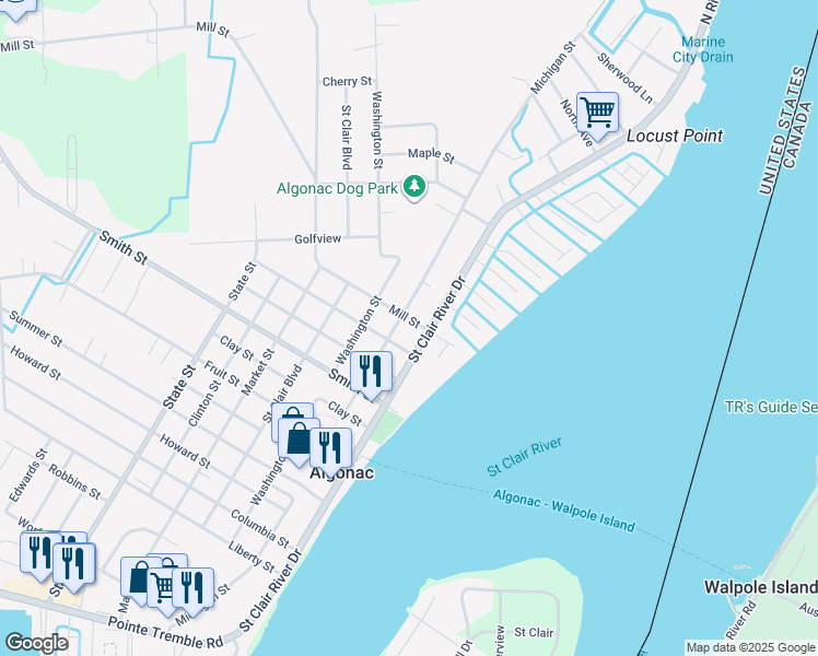 map of restaurants, bars, coffee shops, grocery stores, and more near 321 Mill Street in Algonac