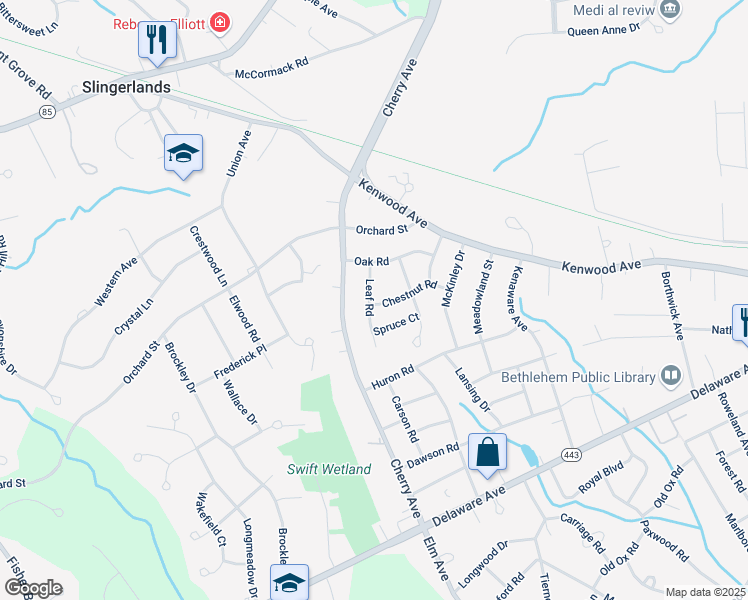 map of restaurants, bars, coffee shops, grocery stores, and more near 16 Leaf Road in Delmar