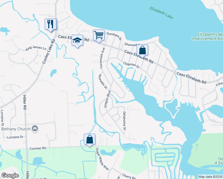 map of restaurants, bars, coffee shops, grocery stores, and more near 1210 Coshocton Street in Waterford Township