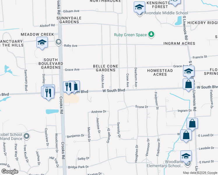 map of restaurants, bars, coffee shops, grocery stores, and more near 3950 Samuel Avenue in Rochester Hills