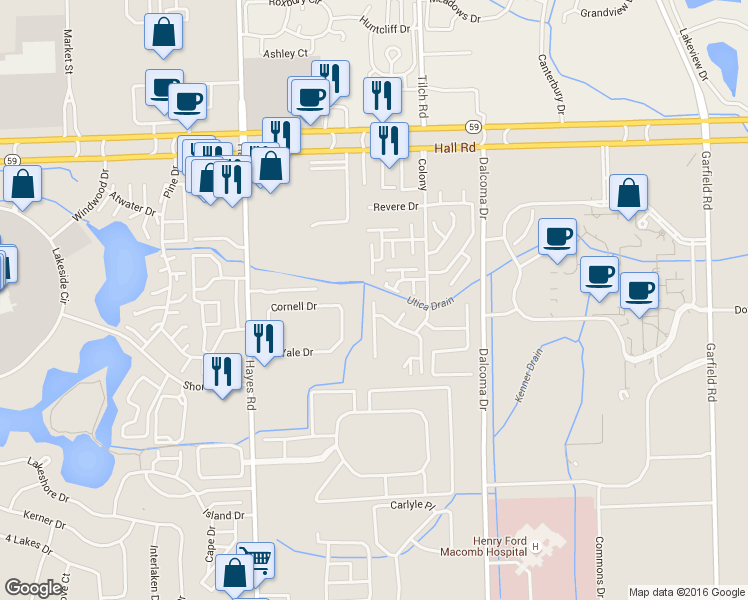 map of restaurants, bars, coffee shops, grocery stores, and more near 53084 Providence Drive in Charter Township of Clinton