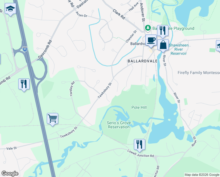 map of restaurants, bars, coffee shops, grocery stores, and more near 68 Tewksbury Street in Andover