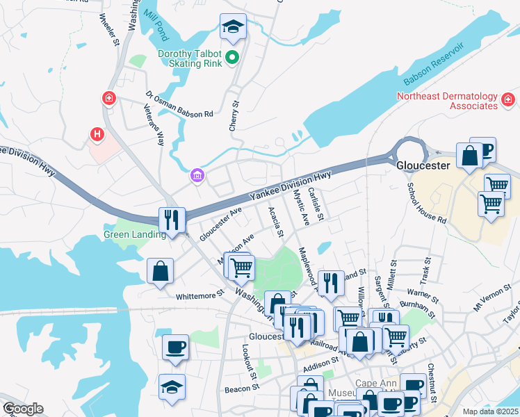 map of restaurants, bars, coffee shops, grocery stores, and more near 4 Springfield Street in Gloucester