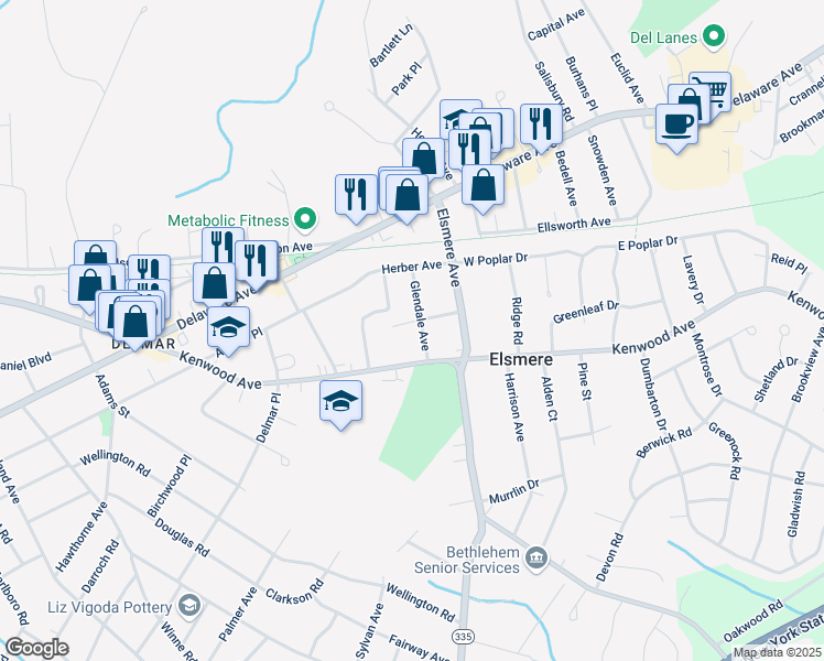 map of restaurants, bars, coffee shops, grocery stores, and more near 11 Glendale Ave in Delmar