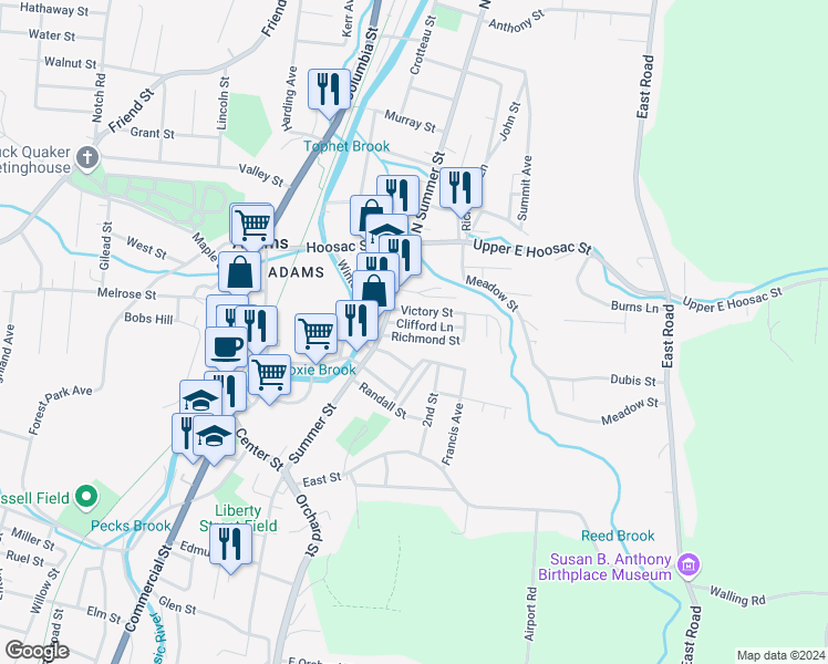 map of restaurants, bars, coffee shops, grocery stores, and more near 10 Richmond Street in Adams