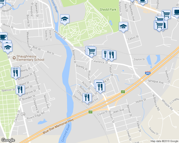 map of restaurants, bars, coffee shops, grocery stores, and more near 60 Woburn Street in Lowell