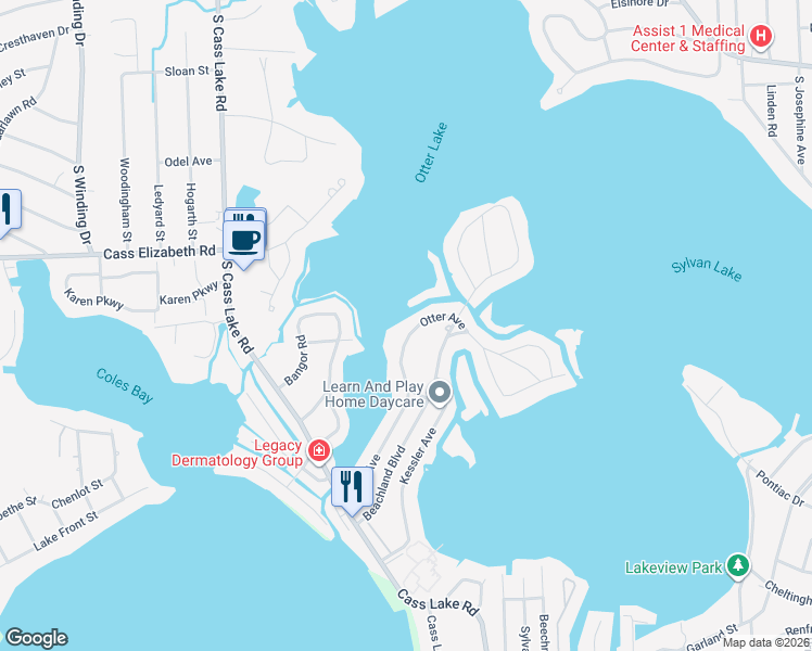 map of restaurants, bars, coffee shops, grocery stores, and more near 1160 Otter Avenue in Waterford Township