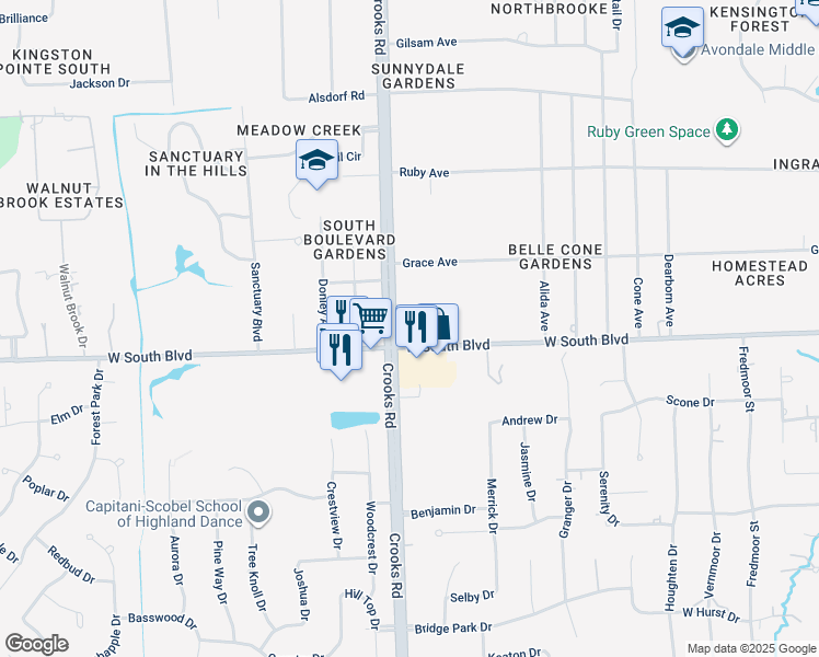 map of restaurants, bars, coffee shops, grocery stores, and more near 3989 Crooks Road in Rochester Hills