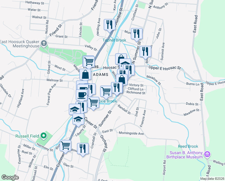map of restaurants, bars, coffee shops, grocery stores, and more near 8-10 Gavin Avenue in Adams