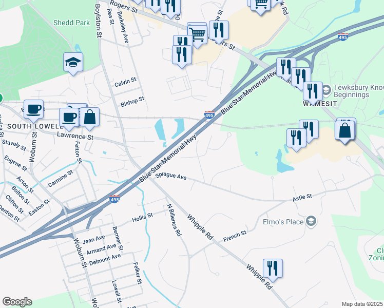 map of restaurants, bars, coffee shops, grocery stores, and more near 68 Bayberry Drive in Lowell