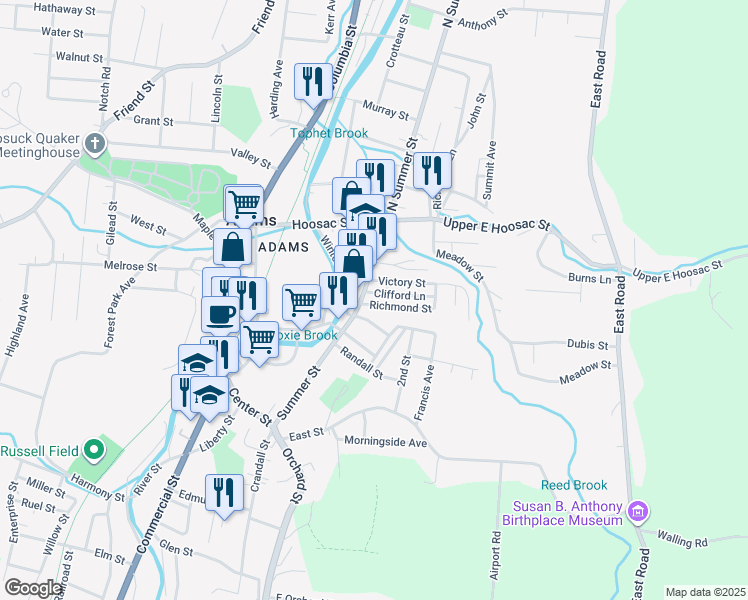 map of restaurants, bars, coffee shops, grocery stores, and more near 10 Richmond Street in Adams