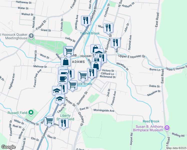 map of restaurants, bars, coffee shops, grocery stores, and more near 64 Summer Street in Adams
