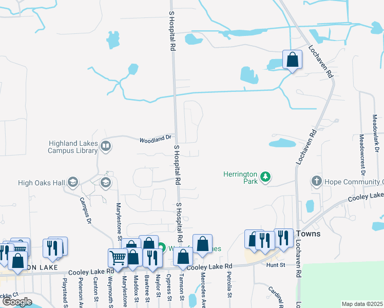 map of restaurants, bars, coffee shops, grocery stores, and more near 6882 Palos Verdes Lane in Waterford Township