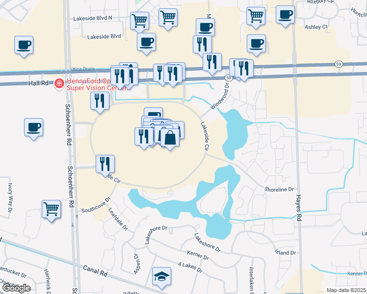 map of restaurants, bars, coffee shops, grocery stores, and more near 14300 Lakeside Circle in Sterling Heights