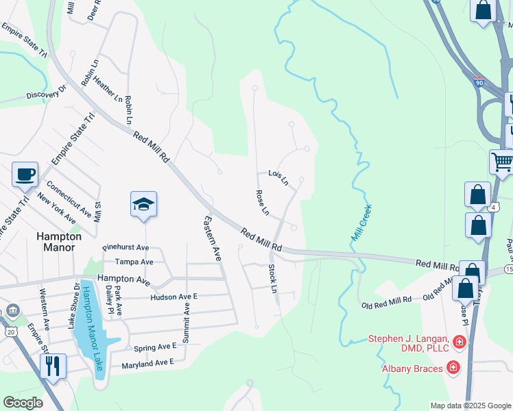 map of restaurants, bars, coffee shops, grocery stores, and more near 10 Rose Lane in Rensselaer