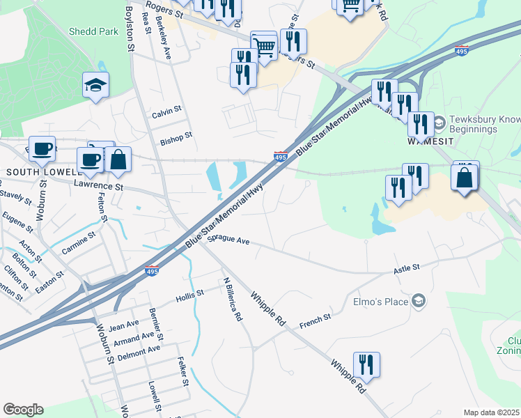 map of restaurants, bars, coffee shops, grocery stores, and more near 68 Bayberry Drive in Lowell