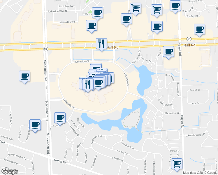 map of restaurants, bars, coffee shops, grocery stores, and more near 14300 Lakeside Circle in Sterling Heights